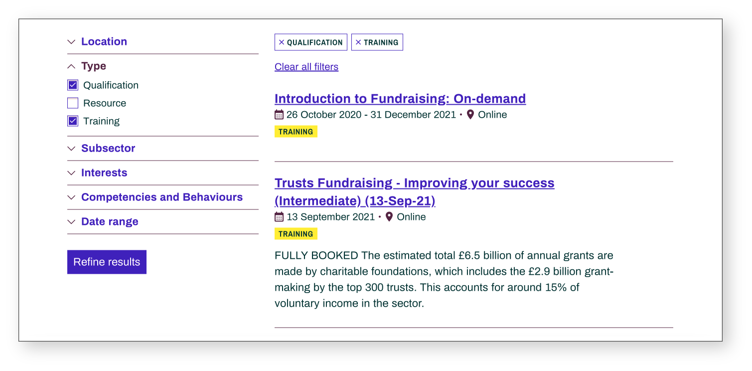 Screenshot of chartered institute of fundraising courses