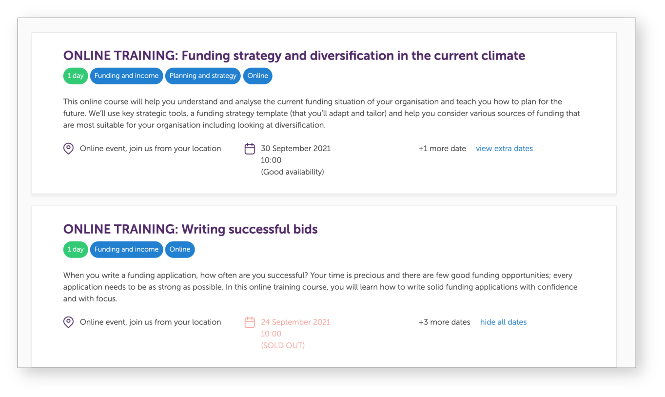 screenshot of NCVO fundraising courses