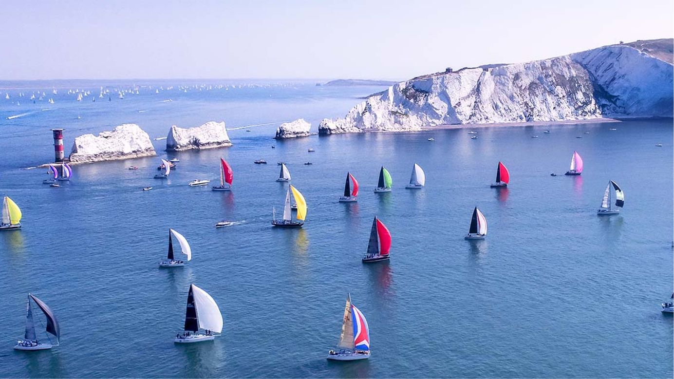 Lots of colourful sailing boats racing around the Isle of Wight.