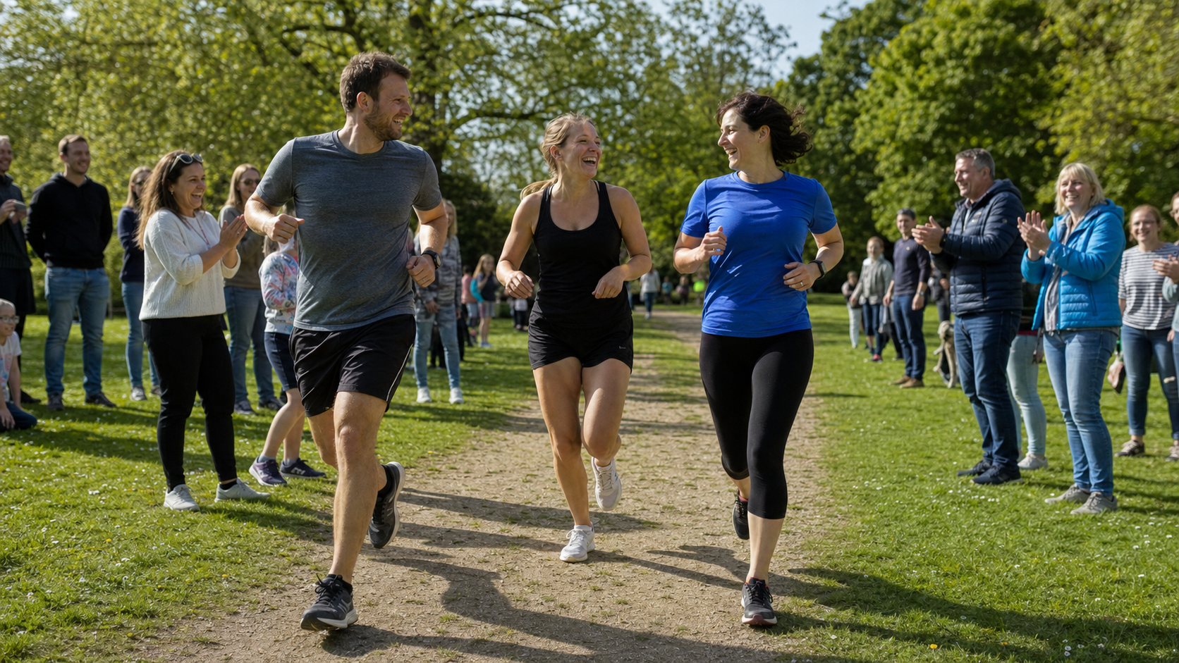 Three charity fun-run participants laughing together as supporters cheer them through a sunny park.