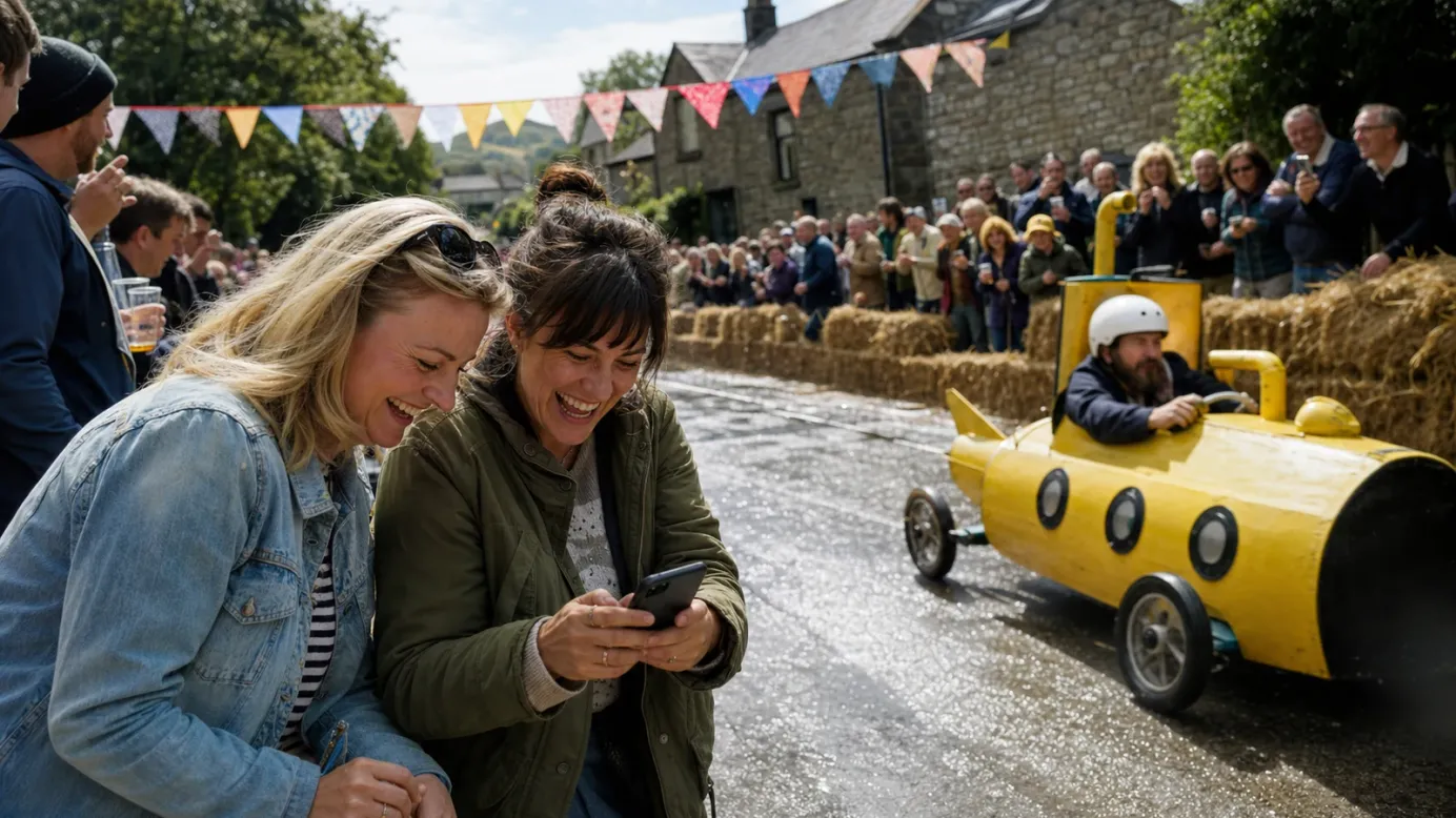 Two friends laugh beside a yellow submarine soapbox kart at a sunny community fundraiser.