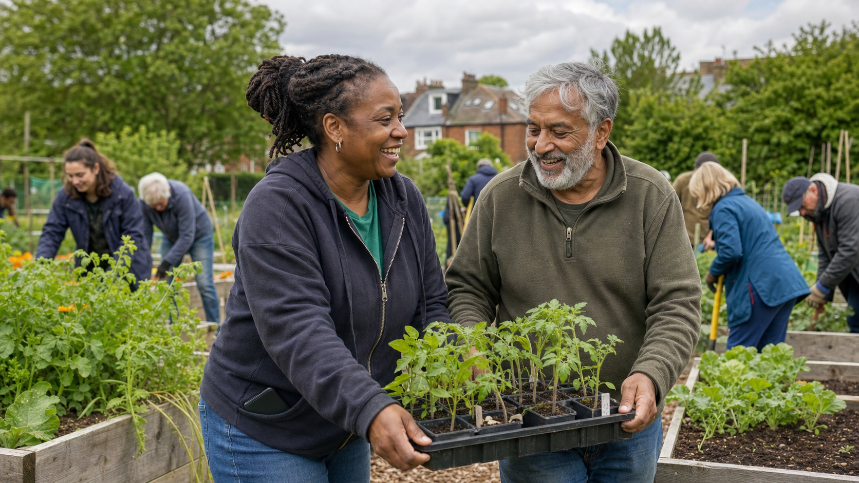 Two volunteers carry a tray of seedlings together at a busy community garden.