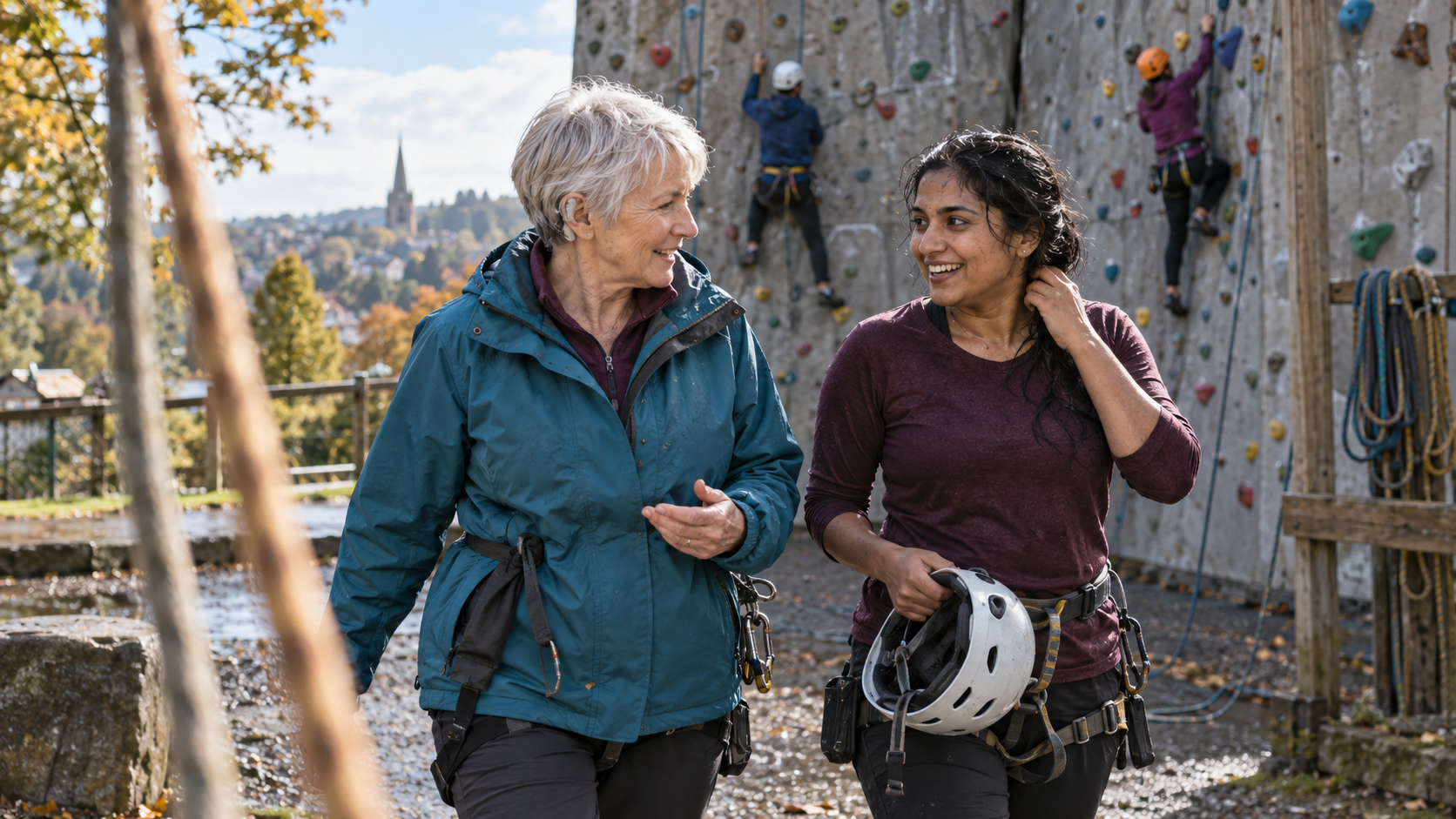 A volunteer and supporter talk beside an outdoor community climbing wall.