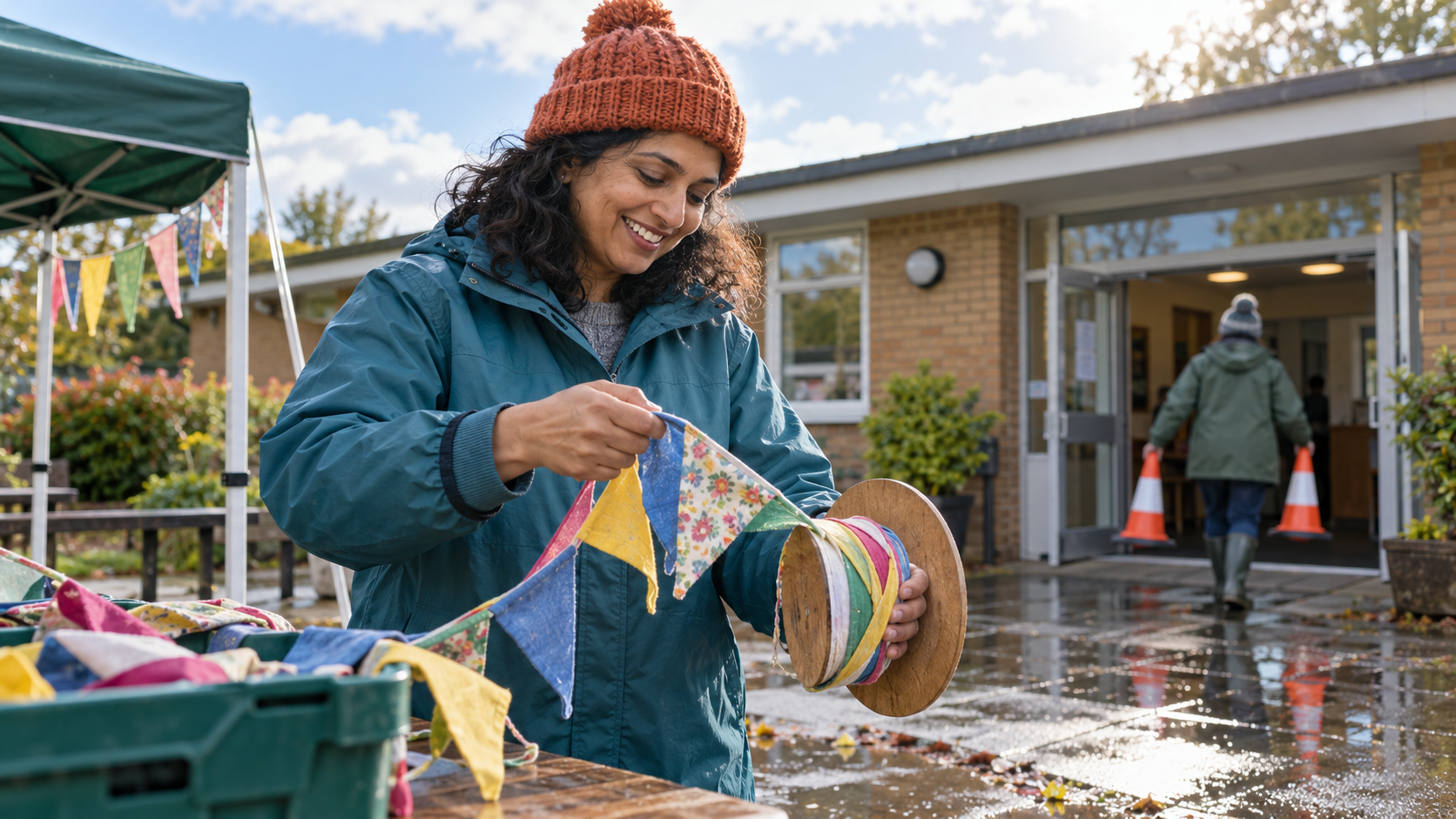 A fundraiser rolls up bunting as a volunteer carries cones into a community centre after rain.