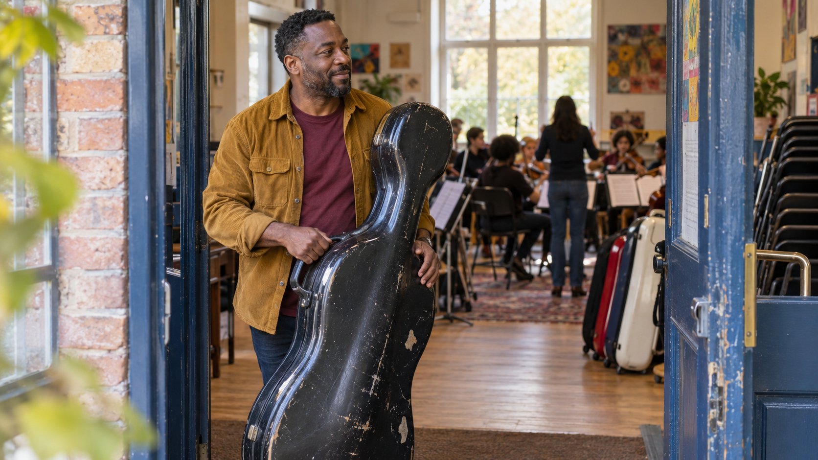 A supporter carries a donated cello case into a sunlit community arts centre.